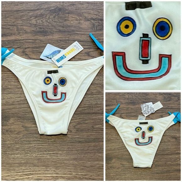 NWT Linnea Hand Painted Bikini Bottom Made In Brazil Robot Face White Red Blue M - Picture 1 of 7